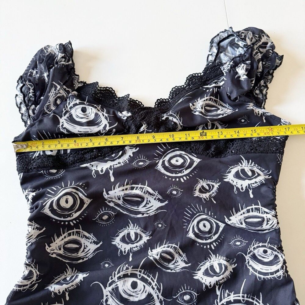 Grunge Punk Eye Eyeball Goth Drawstring Cinched Black Dress L Large Ruched - Picture 2 of 16